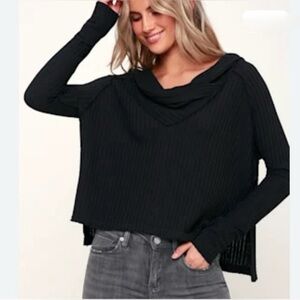 Free People We the Free Black Oversized Cowl Neck waffle knit sweater. Size XS.
